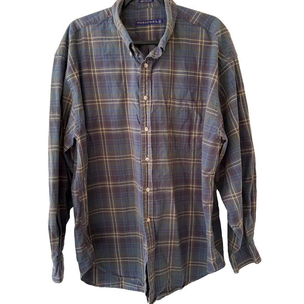 Norsport Flannel Shirt Mens XL Blue Plaid Long Sleeve 100% Cotton Button Down